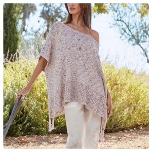 JOHNNY WAS Poncho Sweater With Tassels Pink Marled Knit One Size